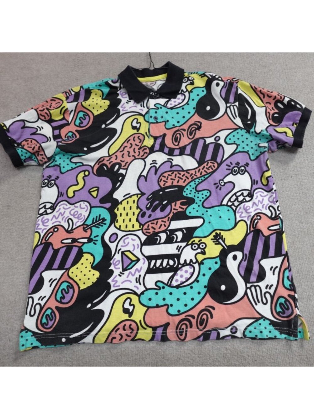 Staple Polo Shirt Medium Black Steve Harrington All Over Print Artwork